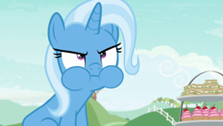 Size: 1280x720 | Tagged: safe, screencap, character:trixie, species:pony, species:unicorn, episode:student counsel, cupcake, eating, food, puffy cheeks, sandwich, solo