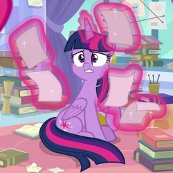 Size: 703x702 | Tagged: safe, screencap, character:twilight sparkle, character:twilight sparkle (alicorn), species:alicorn, species:pony, episode:the ending of the end, g4, my little pony: friendship is magic, book, concerned, cropped, female, glowing horn, gritted teeth, horn, letter, magic, mare, sitting, solo, telekinesis, worried