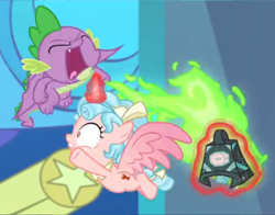 Size: 982x768 | Tagged: safe, screencap, character:cozy glow, character:spike, species:alicorn, species:pony, episode:the ending of the end, g4, my little pony: friendship is magic, alicornified, attempted murder, bell, cozybuse, cozycorn, cropped, dragon breath, fire, fire breath, flying, grogar's bell, levitation, magic, race swap, stained glass, telekinesis