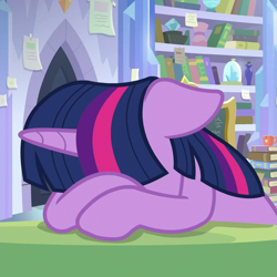 Size: 983x983 | Tagged: safe, screencap, character:twilight sparkle, character:twilight sparkle (alicorn), species:alicorn, species:pony, episode:the ending of the end, g4, my little pony: friendship is magic, book, cropped, depressed, female, floppy ears, headdesk, library, mare, sad, solo