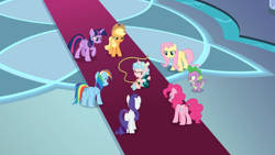 Size: 1366x768 | Tagged: safe, screencap, character:applejack, character:cozy glow, character:fluttershy, character:pinkie pie, character:rainbow dash, character:rarity, character:spike, character:twilight sparkle, character:twilight sparkle (alicorn), species:alicorn, species:dragon, species:pony, episode:the ending of the end, g4, my little pony: friendship is magic, alicornified, bell, carpet, cozycorn, grogar's bell, mane six, race swap, rope, surrounded, winged spike