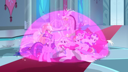 Size: 1366x768 | Tagged: safe, screencap, character:applejack, character:discord, character:fluttershy, character:pinkie pie, character:princess celestia, character:princess luna, character:rainbow dash, character:rarity, character:spike, character:twilight sparkle, character:twilight sparkle (alicorn), species:alicorn, species:dragon, species:pony, episode:the ending of the end, g4, my little pony: friendship is magic, banner, carpet, dome, door, magic, mane six, shield, stained glass window, winged spike
