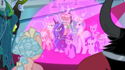 Size: 1366x768 | Tagged: safe, screencap, character:applejack, character:cozy glow, character:discord, character:fluttershy, character:lord tirek, character:pinkie pie, character:princess celestia, character:princess luna, character:queen chrysalis, character:rainbow dash, character:rarity, character:spike, character:twilight sparkle, character:twilight sparkle (alicorn), species:alicorn, species:pony, episode:the ending of the end, g4, my little pony: friendship is magic, angry, argument, brave, carpet, crown safe, determined, dome, fearless, magic, mane six, peytral, shield