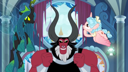 Size: 1366x768 | Tagged: safe, screencap, character:cozy glow, character:lord tirek, character:queen chrysalis, species:alicorn, species:centaur, species:changeling, species:pony, episode:the ending of the end, g4, my little pony: friendship is magic, alicornified, bell, bow, bracer, broken, changeling queen, column, cozycorn, crown, curtains, cute, cutealis, evil grin, female, filly, flying, foal, grin, grogar's bell, hair bow, jewelry, nose piercing, nose ring, open window, piercing, race swap, regalia, ruined, shards, shattered, smiling, tail bow, ultimate chrysalis