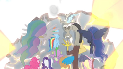 Size: 1366x768 | Tagged: safe, screencap, character:applejack, character:discord, character:fluttershy, character:pinkie pie, character:princess celestia, character:princess luna, character:rainbow dash, character:rarity, character:spike, species:dragon, episode:the ending of the end, g4, my little pony: friendship is magic, barrier, blast, blinding flare, bright, crown, crown safe, destruction, eyes closed, flying, jewelry, light, magic, magic beam, magic blast, peytral, pushing, regalia, rock, simple background, this will end in death, this will end in tears, this will end in tears and/or death, white background, winged spike