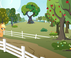 Size: 629x513 | Tagged: safe, screencap, character:applejack, episode:the last problem, g4, my little pony: friendship is magic, apple, apple tree, cropped, fence, food, intertwined trees, pear, pear tree, solo, tree