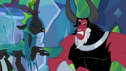 Size: 1366x768 | Tagged: safe, screencap, character:lord tirek, character:queen chrysalis, episode:the ending of the end, g4, my little pony: friendship is magic, angry, annoyed, flying, taunting, tongue out, upset