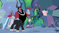 Size: 1364x768 | Tagged: safe, screencap, character:cozy glow, character:lord tirek, character:queen chrysalis, species:alicorn, species:centaur, species:changeling, species:pony, episode:the ending of the end, g4, my little pony: friendship is magic, alicornified, angry, argument, bell, bow, bracer, changeling queen, cloven hooves, cozycorn, faec, female, filly, flying, frustrated, grogar's bell, hair bow, male, nose piercing, nose ring, piercing, race swap, rage, trio, upset