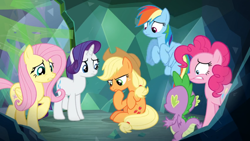 Size: 1366x768 | Tagged: safe, screencap, character:applejack, character:fluttershy, character:pinkie pie, character:rainbow dash, character:rarity, character:spike, species:dragon, episode:the ending of the end, g4, my little pony: friendship is magic, mucus, pondering, thinking, trapped, winged spike, worried