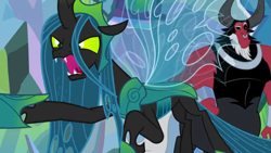 Size: 1366x768 | Tagged: safe, screencap, character:lord tirek, character:queen chrysalis, episode:the ending of the end, g4, my little pony: friendship is magic, bracer, flying, nose piercing, nose ring, piercing, pointing, threatening, ultimate chrysalis, yelling