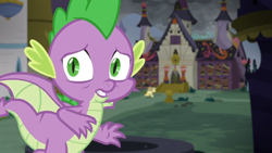 Size: 1366x768 | Tagged: safe, screencap, character:spike, species:dragon, species:pony, species:unicorn, episode:the ending of the end, g4, my little pony: friendship is magic, board, building, cloud, cloudy, condemned, dark, galloping, scared, school, school for gifted unicorns, solo, winged spike