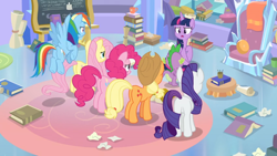 Size: 1366x768 | Tagged: safe, screencap, character:applejack, character:fluttershy, character:pinkie pie, character:rainbow dash, character:rarity, character:spike, character:twilight sparkle, character:twilight sparkle (alicorn), species:alicorn, species:dragon, species:pony, episode:the ending of the end, g4, my little pony: friendship is magic, book, carpet, chair, chalkboard, couch, cushion, eraser, mane six, mug, stack, tissue, towel, winged spike