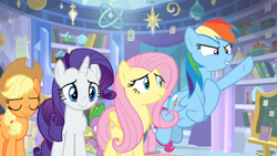 Size: 1366x768 | Tagged: safe, screencap, character:applejack, character:fluttershy, character:pinkie pie, character:rainbow dash, character:rarity, character:spike, episode:the ending of the end, g4, my little pony: friendship is magic, book, bookshelf, chalkboard, notes