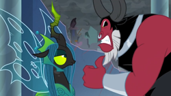 Size: 1366x768 | Tagged: safe, screencap, character:lord tirek, character:queen chrysalis, episode:the ending of the end, g4, my little pony: friendship is magic, angry, bracer, clenched teeth, cloud, cloudy, dark clouds, nose piercing, nose ring, piercing, stoic, thumbs up, upset