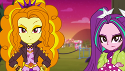 Size: 1920x1080 | Tagged: safe, screencap, character:adagio dazzle, character:aria blaze, character:pinkie pie, equestria girls:sunset's backstage pass, g4, my little pony:equestria girls, adagio is not amused, angry, annoyed, ascot, crossed arms, duo focus, female, hand on hip, looking at you, pigtails, puffed pastry, raised eyebrow, resting bitch face, spiked wristband, twintails, unamused, wristband