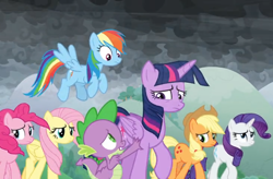Size: 1172x768 | Tagged: safe, screencap, character:applejack, character:fluttershy, character:pinkie pie, character:rainbow dash, character:rarity, character:spike, character:twilight sparkle, character:twilight sparkle (alicorn), species:alicorn, species:dragon, species:pony, episode:the ending of the end, g4, my little pony: friendship is magic, cloud, cloudy, cold, dark, dark clouds, flying, mane six, sad, windy, winged spike, worried