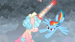 Size: 1366x768 | Tagged: safe, screencap, character:cozy glow, character:rainbow dash, species:alicorn, species:pony, episode:the ending of the end, g4, my little pony: friendship is magic, alicornified, blast, cloud, cozycorn, dark, dark clouds, dodge, fast, flying, magic, magic beam, magic blast, race swap