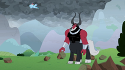 Size: 1366x768 | Tagged: safe, screencap, character:lord tirek, character:rainbow dash, species:centaur, species:pegasus, species:pony, episode:the ending of the end, g4, my little pony: friendship is magic, bush, cloud, cloudy, cloven hooves, dark, dark clouds, female, flying, looking up, male, mare, mountain, nose piercing, nose ring, piercing, solo focus