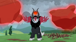 Size: 1366x766 | Tagged: safe, screencap, character:lord tirek, species:centaur, episode:the ending of the end, g4, my little pony: friendship is magic, boulder, bracer, cloud, cloudy, cloven hooves, crater, dark cloud, levitation, magic, male, nose piercing, nose ring, piercing, solo, telekinesis, tree