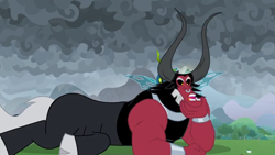 Size: 1366x768 | Tagged: safe, screencap, character:lord tirek, character:queen chrysalis, species:centaur, species:changeling, episode:the ending of the end, g4, my little pony: friendship is magic, bracer, broken jaw, chipped tooth, cloven hooves, knock out, lying down, male, nose piercing, nose ring, piercing, prone, solo focus, tooth