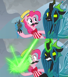 Size: 1360x1532 | Tagged: safe, screencap, character:pinkie pie, character:queen chrysalis, species:changeling, species:earth pony, species:pony, episode:the ending of the end, g4, my little pony: friendship is magic, :<, angry, armor, beam, bipedal, blast, bow tie, carny, chrysalis blasts things, clothing, colored sclera, comic, doll, fake moustache, fangs, female, final battle, former queen chrysalis, frown, frustrated, glare, glowing horn, gritted teeth, hat, hoof hold, horn, livid, magic, magic beam, magic blast, mare, meme origin, moustache, plushie, queen chrysalis is not amused, ragdoll, raised eyebrow, raised hoof, screencap comic, shrunken pupils, sin of wrath, smiling, surprised, toy, ultimate chrysalis, unamused, wide eyes, yikes