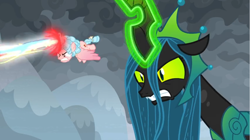 Size: 1368x768 | Tagged: safe, screencap, character:cozy glow, character:queen chrysalis, species:alicorn, species:changeling, species:pony, episode:the ending of the end, g4, my little pony: friendship is magic, alicornified, angry, annoyed, aura, blast, cloud, cloudy, cozycorn, dark, dark clouds, flying, livid, magic, magic beam, magic blast, mountain, race swap, rage