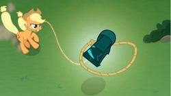 Size: 1368x768 | Tagged: safe, screencap, character:applejack, species:pony, episode:the ending of the end, g4, my little pony: friendship is magic, from above, grass, ground, lasso, levitation, magic, rope, sliding, solo, telekinesis