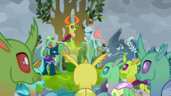 Size: 1366x768 | Tagged: safe, screencap, character:ocellus, character:pharynx, character:prince pharynx, character:thorax, species:changedling, species:changeling, species:reformed changeling, episode:the ending of the end, g4, my little pony: friendship is magic, changedling brothers, nest, outdoors, throne