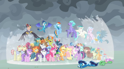 Size: 1366x768 | Tagged: safe, screencap, character:amethyst star, character:applejack, character:chancellor neighsay, character:firelight, character:flam, character:flim, character:fluttershy, character:gallus, character:grampa gruff, character:lemon hearts, character:lyra heartstrings, character:moondancer, character:night light, character:ocellus, character:party favor, character:pharynx, character:pinkie pie, character:prince pharynx, character:prince rutherford, character:princess ember, character:rainbow dash, character:rarity, character:sandbar, character:seaspray, character:silverstream, character:smolder, character:soarin', character:sparkler, character:spike, character:stellar flare, character:sunburst, character:tempest shadow, character:terramar, character:thorax, character:trixie, character:twilight sparkle, character:twilight sparkle (alicorn), character:twilight velvet, character:yona, species:alicorn, species:changedling, species:changeling, species:classical hippogriff, species:dragon, species:earth pony, species:griffon, species:hippogriff, species:pegasus, species:pony, species:reformed changeling, species:unicorn, species:yak, episode:the ending of the end, g4, my little pony: friendship is magic, bow, bow tie, broken horn, cape, changedling brothers, clothing, cloven hooves, colored hooves, cowboy hat, dragon lord ember, dragoness, everycreature, female, fez, flim flam brothers, flying, glasses, glowing horn, goggles, hair bow, hat, horn, jewelry, magic fail, male, mane seven, mane six, mare, monkey swings, necklace, shield, shirt, student six, teenager, uniform, wall of tags, winged spike, wonderbolts, wonderbolts uniform