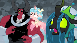 Size: 1366x762 | Tagged: safe, screencap, character:cozy glow, character:lord tirek, character:queen chrysalis, species:alicorn, species:pony, episode:the ending of the end, g4, my little pony: friendship is magic, alicornified, bracer, cozycorn, flying, nose piercing, nose ring, oh crap, piercing, race swap, scared, speechless, surprised, uh oh, ultimate chrysalis