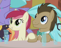Size: 510x395 | Tagged: safe, screencap, character:doctor whooves, character:moondancer, character:roseluck, character:sassy saddles, character:seaspray, character:time turner, species:classical hippogriff, species:earth pony, species:hippogriff, species:pony, species:unicorn, ship:doctorrose, episode:the last problem, g4, my little pony: friendship is magic, background characters doing background things, background pony, bow tie, cropped, cute, dawwww, female, holding hooves, it happened, looking up, male, mare, shipping, smiling, stallion, straight