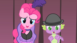 Size: 1280x720 | Tagged: safe, screencap, character:pinkie pie, character:spike, species:dragon, species:earth pony, species:pony, episode:over a barrel, g4, my little pony: friendship is magic, bowler hat, choker, clothing, duo, female, hat, male, mare, saloon dress, saloon pinkie, stage