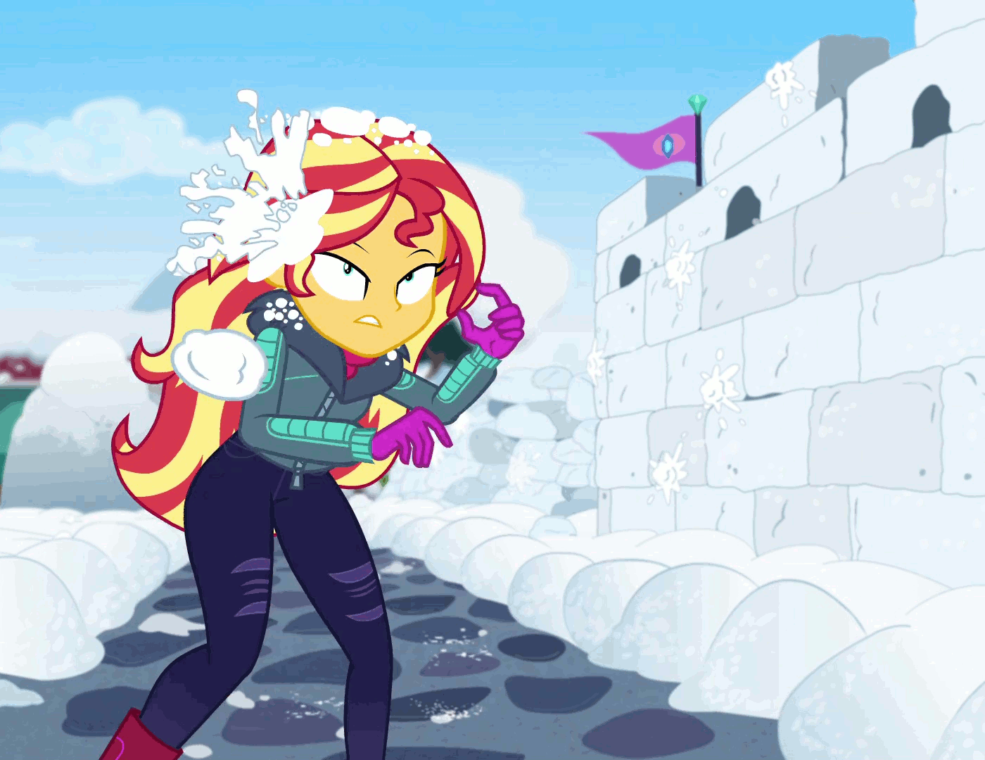 Size: 1400x1080 | Tagged: safe, screencap, character:flash sentry, character:sunset shimmer, equestria girls:holidays unwrapped, g4, my little pony:equestria girls, animated, clothing, cropped, flag, gif, snow, snowball, wall, winter outfit