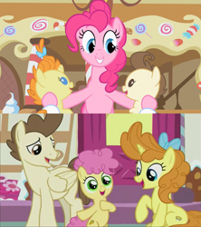 Size: 1280x1440 | Tagged: safe, screencap, character:li'l cheese, character:pinkie pie, character:pound cake, character:pumpkin cake, species:pony, ship:cheesepie, episode:baby cakes, episode:the last problem, g4, my little pony: friendship is magic, awww, babysitting, bipedal, cake twins, dawwww, female, foal, foalsitting, full circle, heartwarming, male, older, older pound cake, older pumpkin cake, ponyville, shipping, siblings, straight, sugarcube corner, the magic of friendship grows, then and now, twins