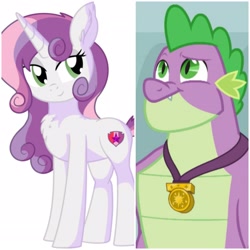 Size: 2896x2896 | Tagged: safe, artist:aureai-sketches, artist:cyanlightning, screencap, character:spike, character:sweetie belle, species:dragon, species:pony, species:unicorn, ship:spikebelle, episode:the last problem, g4, my little pony: friendship is magic, beautiful, cutie mark, female, gigachad spike, handsome, male, mare, muscles, older, older spike, older sweetie belle, pair, shipping, straight, the cmc's cutie marks