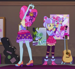 Size: 1163x1080 | Tagged: safe, screencap, character:kiwi lollipop, character:supernova zap, equestria girls:sunset's backstage pass, g4, my little pony:equestria girls, acoustic guitar, applying makeup, bow, clothing, compact mirror, cropped, duo, duo female, feet, female, guitar, guitar case, hair bow, high heels, k-lo, kiwi lollipop, legs, makeup, miniskirt, musical instrument, one eye closed, open-toed shoes, postcrush, poster, sandals, shoes, skirt, stockings, stretching, su-z, supernova zap, thigh highs, time twirler, zettai ryouiki