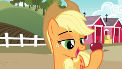 Size: 1366x768 | Tagged: safe, screencap, character:applejack, episode:the last problem, g4, my little pony: friendship is magic, apple, barn, farm, fence, food, happy, solo