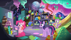 Size: 1366x768 | Tagged: safe, screencap, character:pinkie pie, character:spike, character:twilight sparkle, character:twilight sparkle (alicorn), species:alicorn, species:dragon, species:earth pony, species:pony, episode:the last problem, g4, my little pony: friendship is magic, balloon, box, cabinet, cake, candy, candy corn, cupcake, disco ball, file cabinet, folder, food, graph, party cave, present, shelf, slide, winged spike
