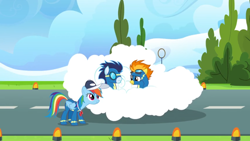 Size: 1366x768 | Tagged: safe, screencap, character:rainbow dash, character:soarin', character:spitfire, species:pony, episode:the last problem, g4, my little pony: friendship is magic, cap, clothing, cloud, coach, coach rainbow dash, coaching cap, goggles, hat, rainbow dashs coaching whistle, runway, runway lights, tree, uniform, whistle, whistle necklace, wonderbolts, wonderbolts uniform