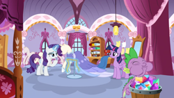Size: 1366x768 | Tagged: safe, screencap, character:rarity, character:spike, character:twilight sparkle, character:twilight sparkle (alicorn), species:alicorn, species:dragon, species:pony, episode:the last problem, g4, my little pony: friendship is magic, bed, bucket, carousel boutique, ceiling light, clothing, curtain, curtains, dress, eating, gem, mannequin, mirror, roll, shelf, window, winged spike