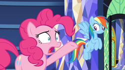 Size: 1366x768 | Tagged: safe, screencap, character:pinkie pie, character:rainbow dash, species:pony, episode:the last problem, g4, my little pony: friendship is magic, disbelief, door, flying, raised hoof, shelf