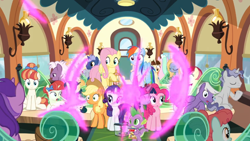 Size: 1366x768 | Tagged: safe, screencap, character:amethyst star, character:applejack, character:ballet jubilee, character:fluttershy, character:goldy wings, character:green sprout, character:loganberry, character:midnight snack, character:pinkie pie, character:rainberry, character:rainbow dash, character:rainbow stars, character:rarity, character:roseluck, character:silver script, character:sparkler, character:spike, character:star bright, character:tender brush, character:twilight sparkle, character:twilight sparkle (alicorn), species:alicorn, species:dragon, species:pony, episode:the last problem, g4, my little pony: friendship is magic, comic book, curtain, curtains, dawnlighter, friendship student, lamp, magic, mane six, seat, shocked, surprised, teleportation, tempting fate, train, window, winged spike