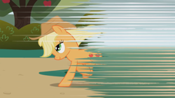 Size: 1920x1080 | Tagged: safe, screencap, character:applejack, species:earth pony, species:pony, episode:friendship is magic, g4, my little pony: friendship is magic, apple, applejack's hat, clothing, cowboy hat, female, food, great moments in animation, hat, lidded eyes, mare, missing freckles, raised hoof, running, smear frame, smiling, solo, transition, tree