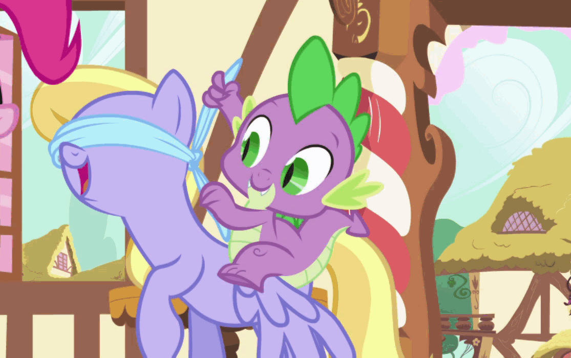Size: 1115x700 | Tagged: safe, screencap, character:cloud kicker, character:pinkie pie, character:spike, species:dragon, species:earth pony, species:pegasus, species:pony, episode:griffon the brush-off, animated, background pony, blindfold, cropped, cute, dragons riding ponies, female, gif, hoofy-kicks, horses doing horse things, laughing, male, mare, out of context, puffy cheeks, rearing, ride, rider, riding, scrunchy face, smiling, stabilized, sugarcube corner