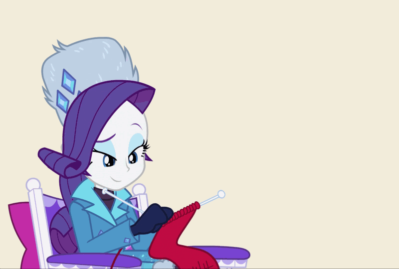 Size: 800x540 | Tagged: safe, screencap, character:rainbow dash, character:rarity, equestria girls:holidays unwrapped, g4, my little pony:equestria girls, animated, blizzard or bust, clothing, cropped, gif, knitting, loop, perfect loop, shrug, winter outfit