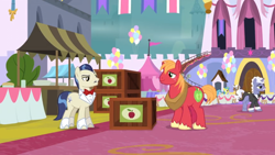 Size: 1366x768 | Tagged: safe, screencap, character:big mcintosh, character:horte cuisine, character:lemon hearts, character:mochaccino, character:rare find, species:earth pony, species:pony, species:unicorn, episode:the last problem, g4, my little pony: friendship is magic, background pony, balloon, banner, bow, carpet, crate, duo focus, earl grey, female, flag, male, mare, stallion, table, tent