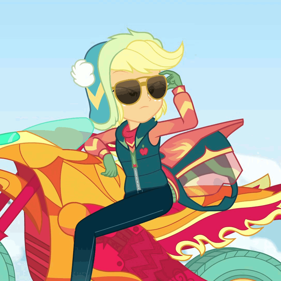Size: 1080x1080 | Tagged: safe, screencap, character:applejack, equestria girls:holidays unwrapped, g4, my little pony:equestria girls, animated, clothing, cropped, motorcycle, solo, sunglasses, winter outfit