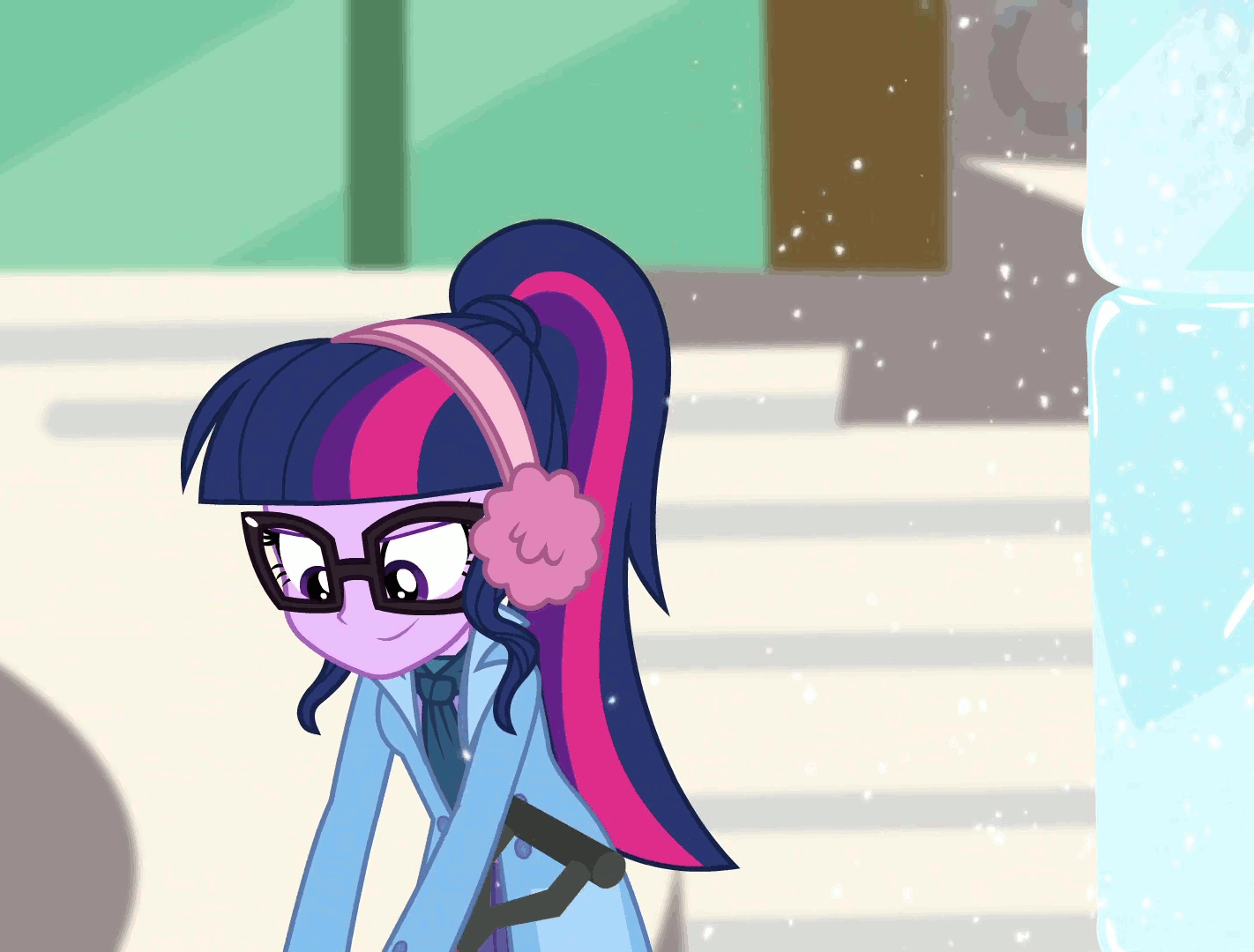 Size: 1422x1080 | Tagged: safe, screencap, character:twilight sparkle, character:twilight sparkle (scitwi), species:eqg human, equestria girls:holidays unwrapped, g4, my little pony:equestria girls, animated, blizzard or bust, clothing, cropped, falling, gif, shovel, slipping, solo, winter outfit