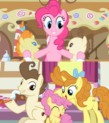 Size: 1280x1440 | Tagged: safe, screencap, character:cheese sandwich, character:gummy, character:li'l cheese, character:pinkie pie, character:pound cake, character:pumpkin cake, species:earth pony, species:pegasus, species:pony, species:unicorn, ship:cheesepie, episode:baby cakes, episode:the last problem, g4, my little pony: friendship is magic, ambiguous gender, androgynous, awww, babysitting, cake twins, colt, dawwww, female, filly, foal, foalsitting, full circle, heartwarming, male, mare, older, older pound cake, older pumpkin cake, ponyville, shipping, siblings, stallion, straight, sugarcube corner, the magic of friendship grows, then and now, twins