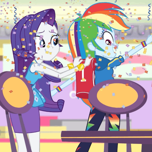 Size: 603x605 | Tagged: safe, screencap, character:rainbow dash, character:rarity, my little pony:equestria girls, animated, clothing, confetti, cropped, cute, dashabetes, dawwww, duo, female, geode of shielding, geode of super speed, gif, happy, heartwarming, hug, jersey, magical geodes, sweet dreams fuel